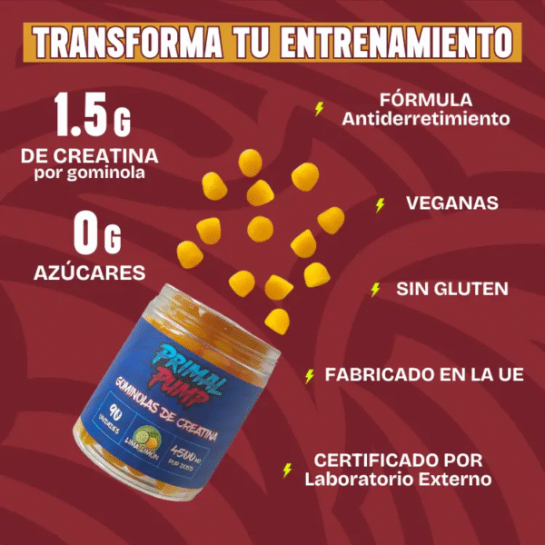 Gominolas de Creatina 4,5g - Primal Pump - Creatina en Gominola - Gomitas de Creatina Monohidratada Sin Az??car Sin Gluten -F??ciles de Llevar - Suplementos Hombre y Mujer - Suplementos Gym - Suplementos Deportivos - Amino??cidos - Fuerza, Hipertrofia y Foco – Bild 7
